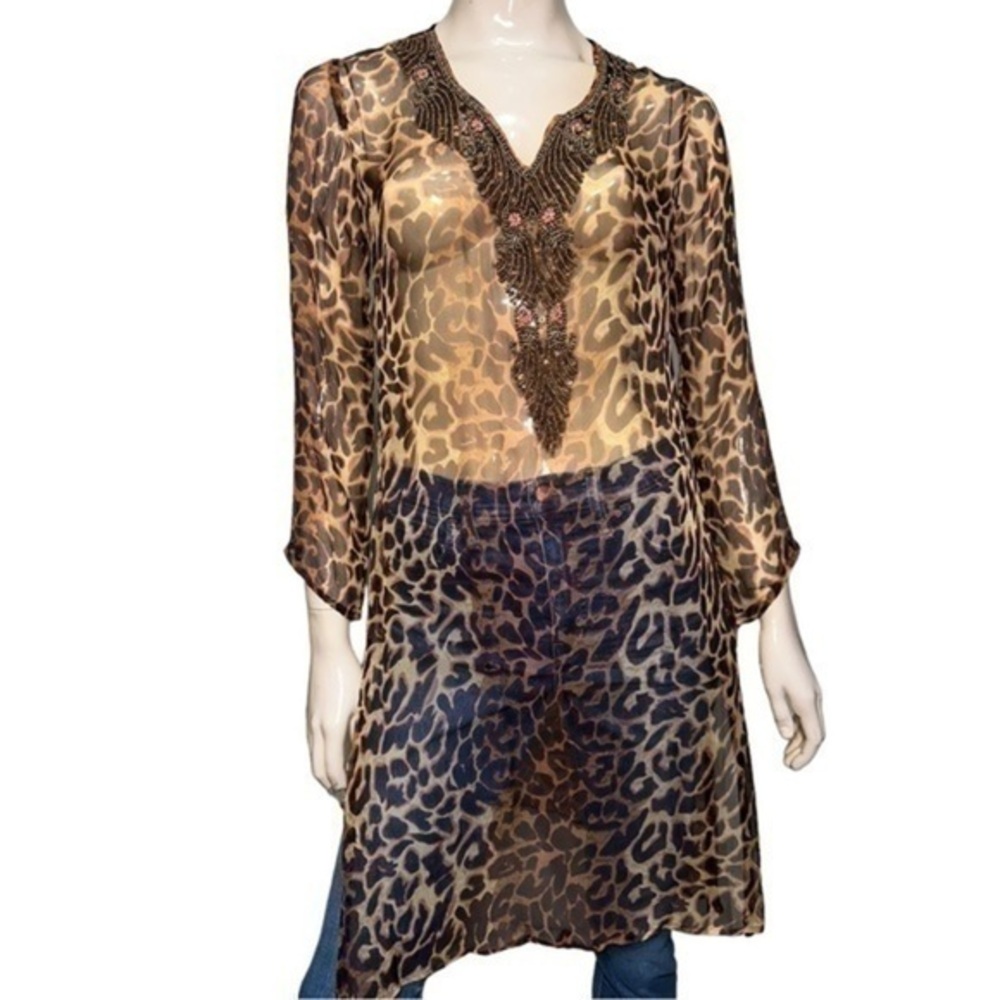 Akaru Women’s Size M Brown Black Leopard Animal Print Beaded V-Neck Cover Up